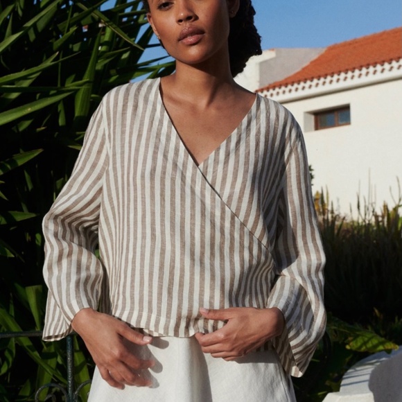 Linenfox Georgia Linen Wrap Tie Top in Cacao Stripe, XS - Picture 2 of 12